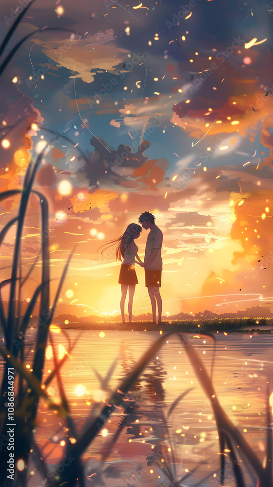 Romantic Lakeside Sunset in Manga Love Story Scene Romantic Lakeside Sunset in Manga Love Story Scene