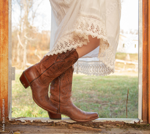 white dress and cowboy boots