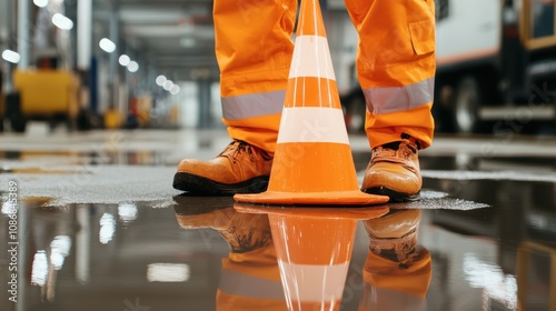 Accident scene in industrial hallway worker on wet ground near caution cone reflective lighting and puddles capturing safety violation theme photo