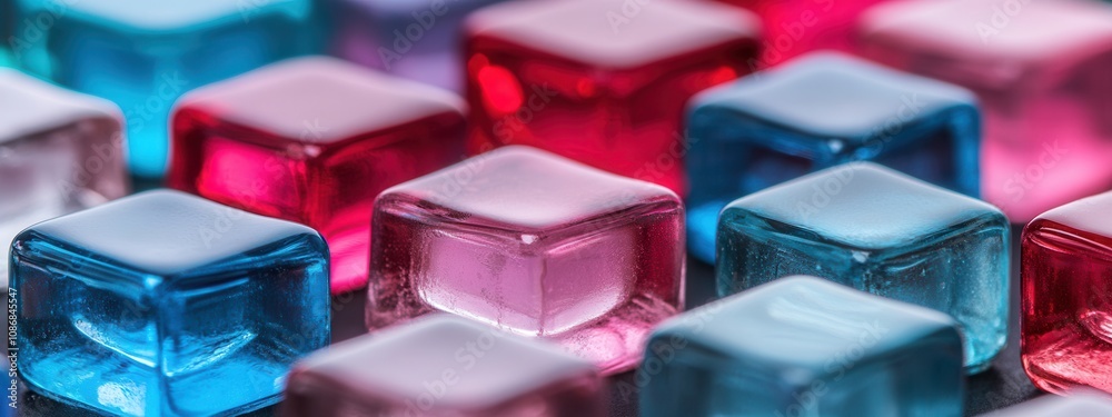 Colorful, translucent cubes in pink, blue, and red create a vibrant, abstract pattern, suggesting a playful and artistic arrangement. Colorful, translucent cubes in pink, blue, and red create a vibrant, abstract pattern, suggesting a playful and artistic arrangement.