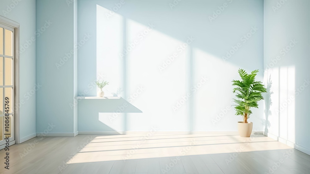 Fototapeta premium Empty Room Interior Design with Light Streaming Through Window, Minimalist Decor Featuring a Potted Plant and Simple White Shelf
