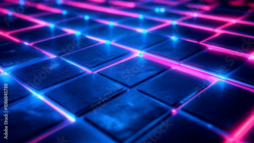 Dynamic futuristic background with glowing pink and blue gradient lights, sparkling particles, and soft wave textures. Perfect for technology presentations, trailers, or modern corporate visuals