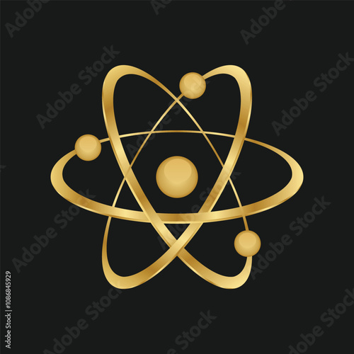Golden Atom Isolated On Black Background. Realistic Golden Molecule Sign. Science Symbol