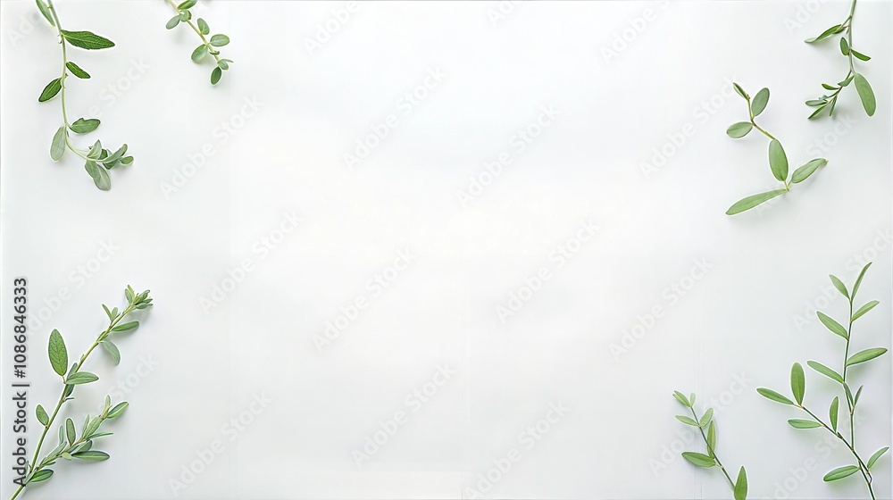 Naklejka premium Minimalist Botanical Background with Green Leaves on White Surface