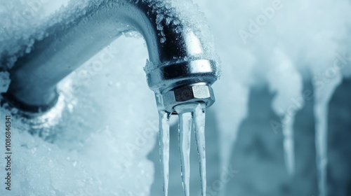 Detailed view of frozen tap surrounded by snow and icicles bright frosty atmosphere highlighting winter weather s impact on infrastructure photo