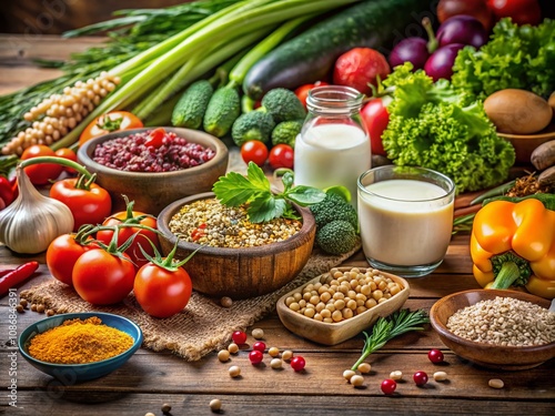 Lacto Vegetarian Delight: A Colorful Plate of Fresh Vegetables, Grains, and Dairy Products with Copy Space for Healthy Eating Promotion photo