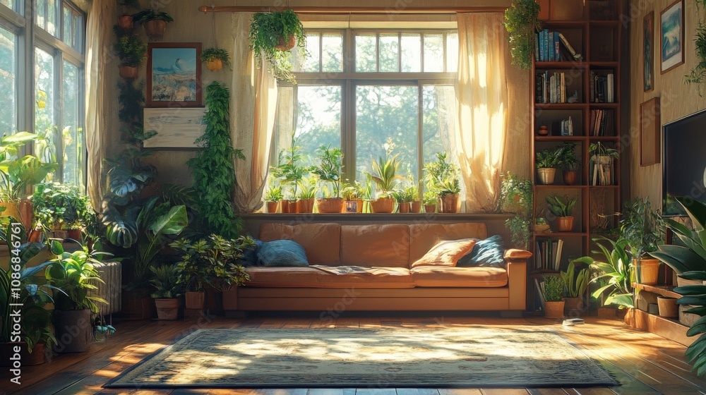 Fototapeta premium Cozy Sunlit Plant-Filled Living Room
