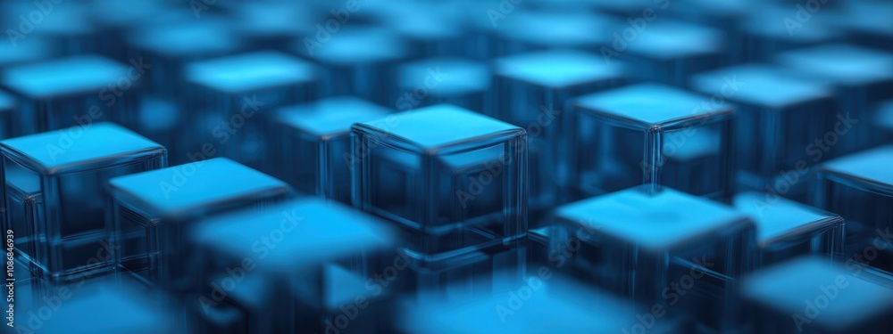 Obraz premium A close-up view of shimmering, blue transparent cubes arranged in a grid, creating a visually striking abstract effect.