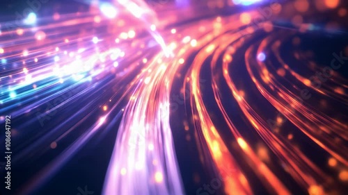 Futuristic flight digital line landscape waves, dust particle Smart city big data connection technology Sci fi Skyline lights. Wireless connection internet of things wireframe Virtual Reality