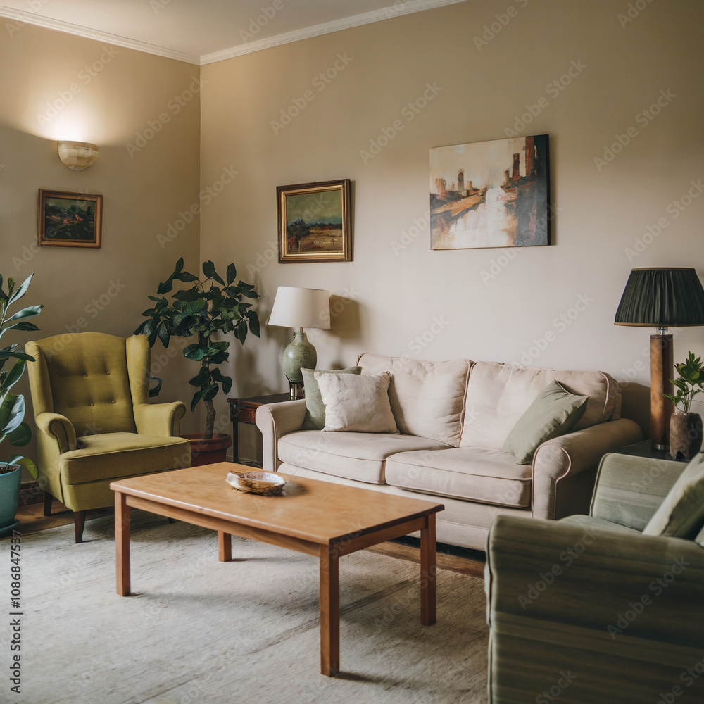 Living room with a couch, two chairs, a coffee table, and a potted plant Living room with a couch, two chairs, a coffee table, and a potted plant