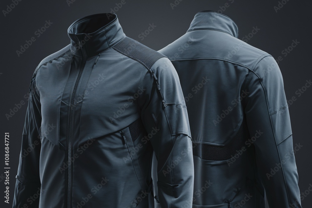 Technical Performance Jacket: A sleek, modern jacket designed for performance and durability. The blue color, reinforced panels, and zippered pockets highlight the technical aspects of the design. Technical Performance Jacket: A sleek, modern jacket designed for performance and durability. The blue color, reinforced panels, and zippered pockets highlight the technical aspects of the design.