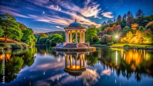 Long Exposure of the Serene Temple of Love in Yonkers at Dusk with Soft Glowing Lights Reflecting on Water Surrounded by Lush Greenery and a Starry Sky photo