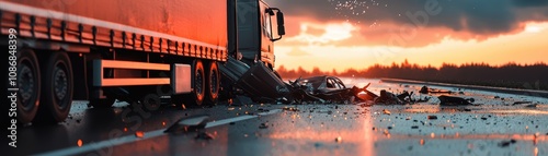 Scene of a truck collision on wet highway debris scattered dramatic sunset lighting and blurred vehicles capturing aftermath of road accident