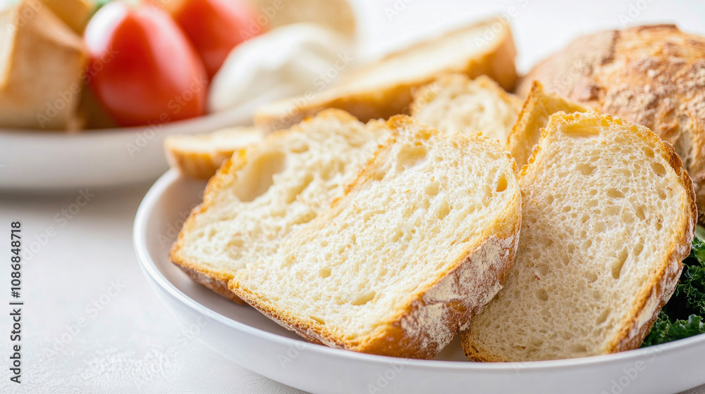 Sliced loaf of bread with tomatoes and cheese in background on white plate Sliced loaf of bread with tomatoes and cheese in background on white plate