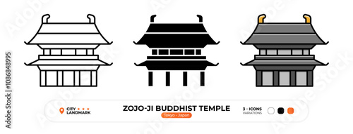 Zojo-ji Buddhist Temple Line Icon.Tokyo_Japan, Silhouette, Color Symbol, Editable Stroke.