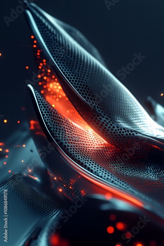 Abstract close-up view of metallic wave patterns illuminated by soft orange glows, showcasing dynamic textures and futuristic design elements in a dark, moody environment
