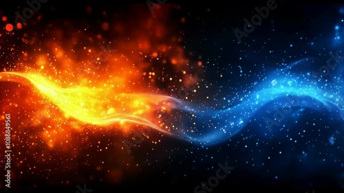 Dynamic futuristic background with glowing orange and blue gradient lights, sparkling particles, and soft wave textures. Perfect for technology presentations, trailers, or modern corporate visuals