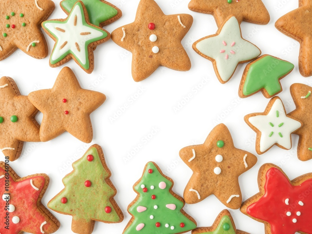 Gingerbread Cookies collection of gingerbread cookies in festive shapes such as stars, hearts, and Christmas trees. Gingerbread Cookies collection of gingerbread cookies in festive shapes such as stars, hearts, and Christmas trees.