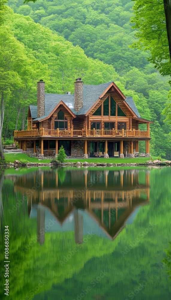 Lakeside Cabin Retreat Log Home with Tranquil Water Reflection and Lush Forest Surroundings. Lakeside Cabin Retreat Log Home with Tranquil Water Reflection and Lush Forest Surroundings.