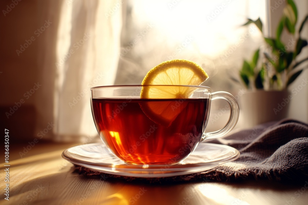 A Cozy Cup of Hot Tea with Fresh Lemon Slice, Warm Steam Rising, and Natural Light Highlighting a Serene Indoor Setting Perfect for Relaxation A Cozy Cup of Hot Tea with Fresh Lemon Slice, Warm Steam Rising, and Natural Light Highlighting a Serene Indoor Setting Perfect for Relaxation