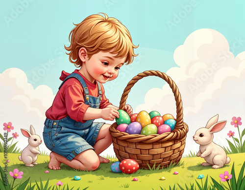 Joyful child playing with colorful Easter eggs and a basket surrounded by bunnies