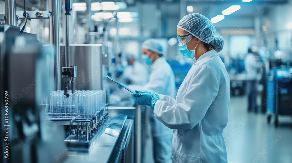 Female Technician Inspecting Pharmaceutical Production Line with Digital Tablet Female Technician Inspecting Pharmaceutical Production Line with Digital Tablet