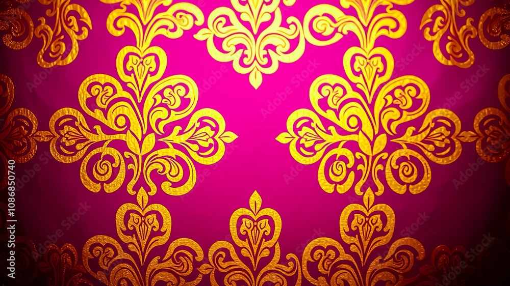 A luxurious background featuring a repeating pattern of intricate gold swirls and leaves on a deep magenta surface. A luxurious background featuring a repeating pattern of intricate gold swirls and leaves on a deep magenta surface.