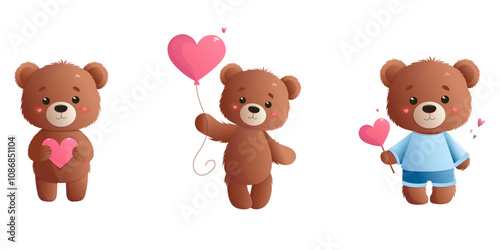 Set with cartoon teddy bears and heart on a white background isolated. Vector illustration for Valentine's Day.