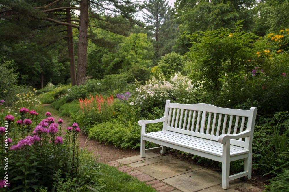 Serene Minimalist Garden Bench Surrounded by Lush Greenery and Vibrant Flowers Serene Minimalist Garden Bench Surrounded by Lush Greenery and Vibrant Flowers