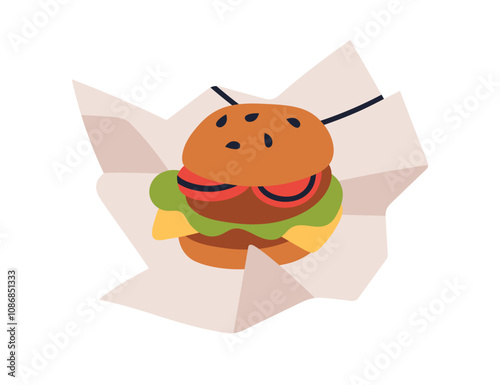 Burger, fast food. Cheeseburger in paper. Cheese, lettuce, tomato slices, mea...