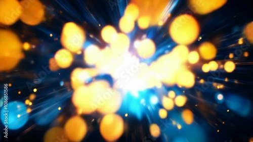 Dynamic futuristic background with glowing orange and blue gradient lights, sparkling particles, and soft wave textures. Perfect for technology presentations, trailers, or modern corporate visuals