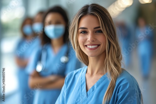 Young healthcare professional smiling confidently in a hospital corridor during the day