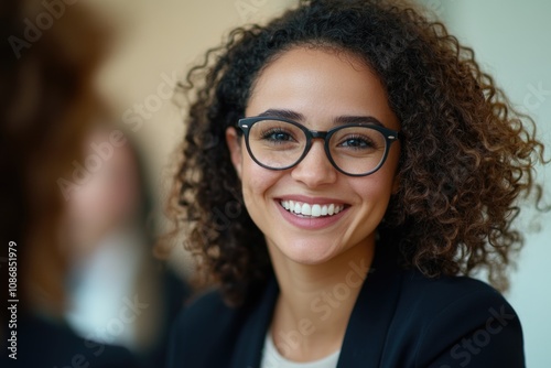 Happy businesswoman with curly hair wearing glasses smiling while talking to colleagues during a meeting in the office.