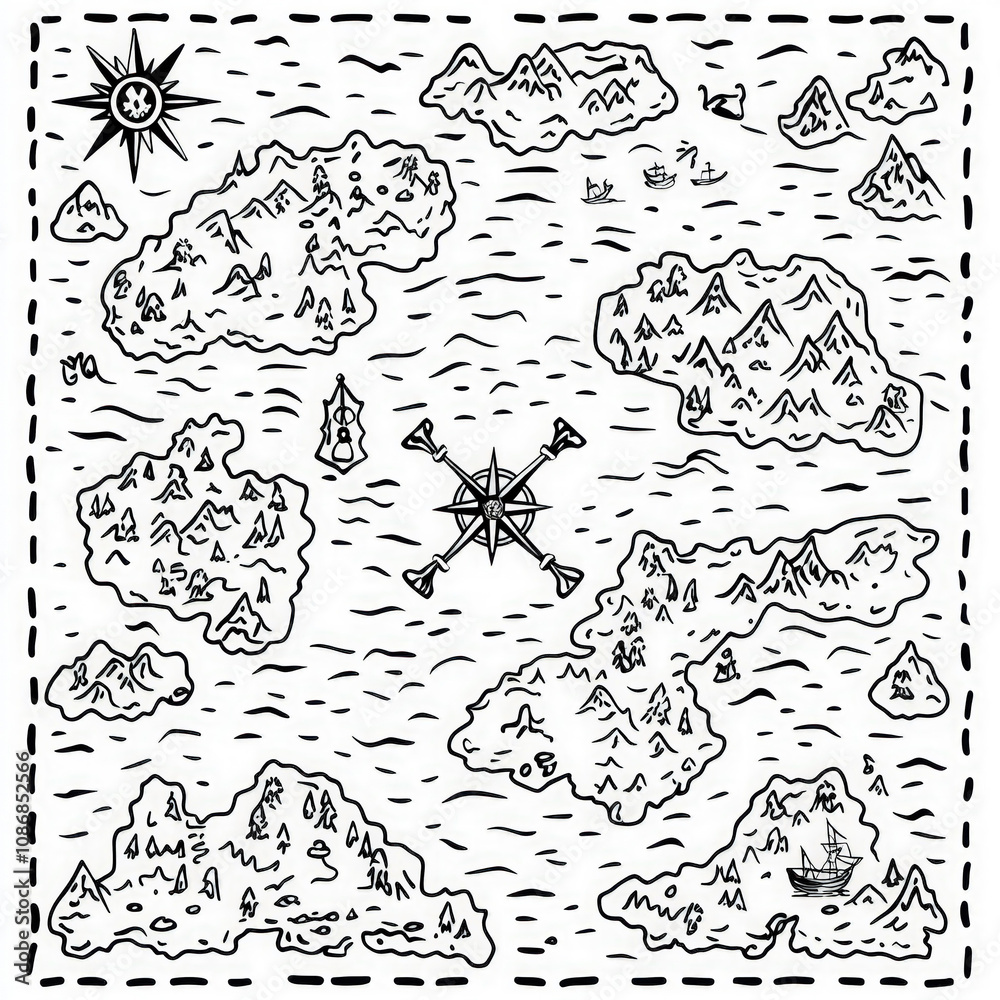 Obraz premium A pirate-themed treasure map with X marks the spot, coloring page for kids, simple outline illustration. Coloring book, simple lines.