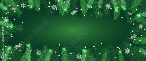 Christmas pine leaf background with space for text. Horizontal banner vector design.