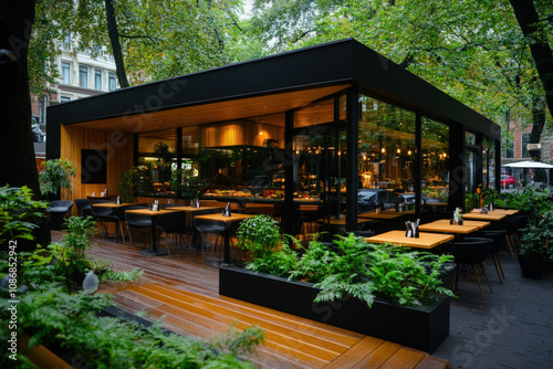 A Wide-Angle View Of A Modern Fast Food Outlet With A Sleek Design, Showcasing Outdoor Dining Areas With Umbrellas And Greenery, Set Against A Backdrop Of A Busy Street