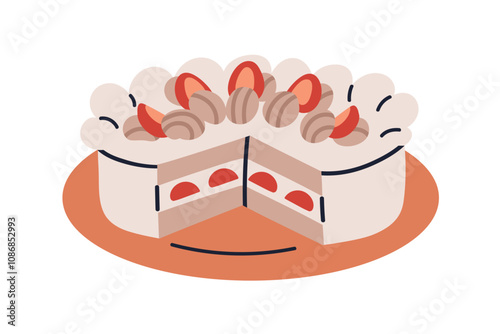 Cake with slice cut out. Sweet dessert with whipped cream and strawberry decoration. Delicious confectionery with creamy and berry filling. Flat vector illustration isolated on white background