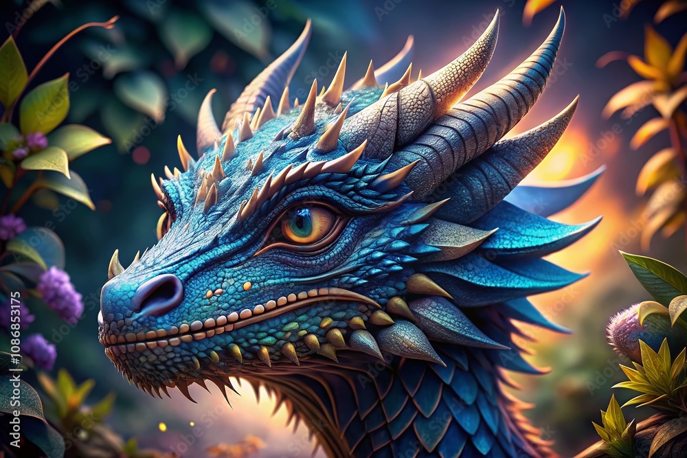 Majestic Blue Dragon Head with Intricate Scales and Piercing Eyes, Set Against a Lush Background, Captured in High Depth of Field for a Stunning Visual Experience
