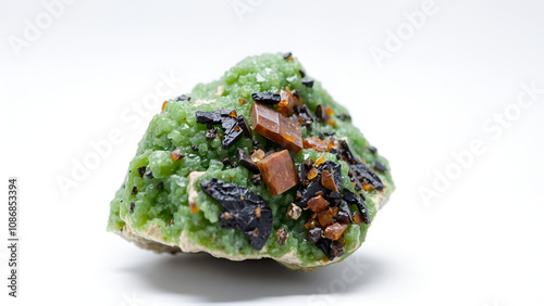 Natural mineral stone macro photography Green nepheline with brown biotite in Schist nepheline syenite on plain white background photo