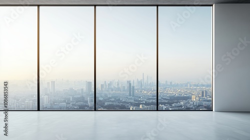 Interior view of an empty room in a skyscraper, showcasing the cityscape during the day. The skyline view from a high-rise window offers a gorgeous property with a stunning view.