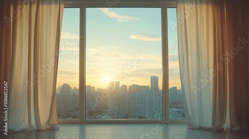 Interior view of an empty room in a skyscraper, showcasing the cityscape during the day. The skyline view from a high-rise window offers a gorgeous property with a stunning view.