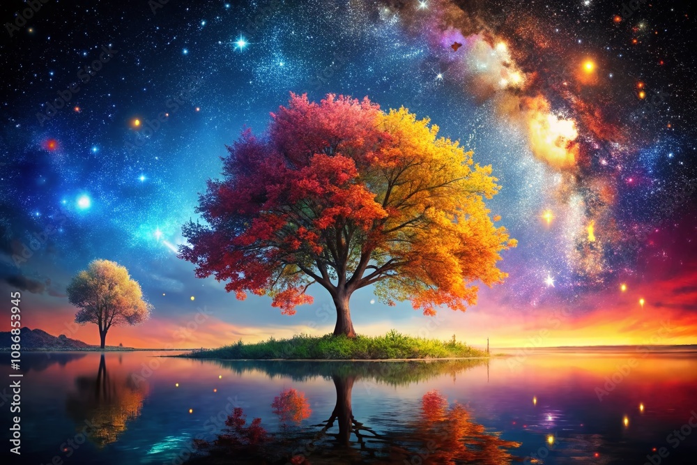 Majestic Glowing Tree with Multicolored Leaves Against a Starry Night Sky Surrounded by Floating Petals Creating a Magical and Serene Atmosphere for Nature Lovers Majestic Glowing Tree with Multicolored Leaves Against a Starry Night Sky Surrounded by Floating Petals Creating a Magical and Serene Atmosphere for Nature Lovers
