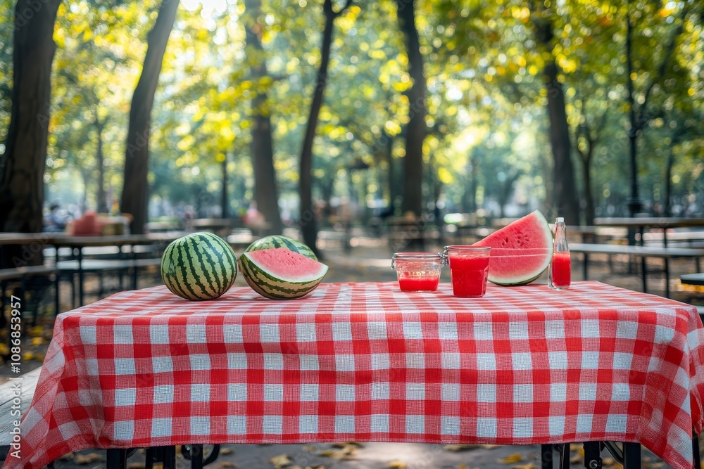 Freshly Sliced Watermelons and Refreshing Juice on a Checkered Tablecloth in a Sunlit Park Surrounded by Trees and Nature Freshly Sliced Watermelons and Refreshing Juice on a Checkered Tablecloth in a Sunlit Park Surrounded by Trees and Nature