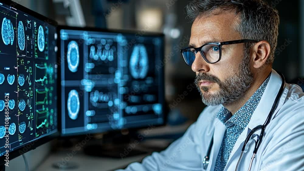A focused medical professional analyzing brain scans on a computer screen. A focused medical professional analyzing brain scans on a computer screen.