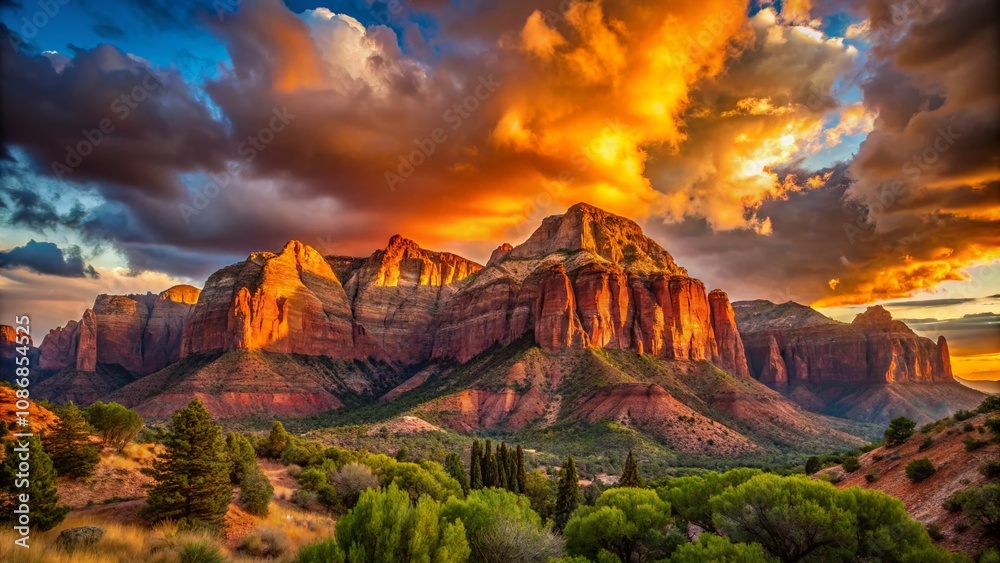 Fototapeta premium Majestic Last Light on the Kolob Formation: A Panoramic View of Stunning Red Rock Cliffs Illuminated by the Setting Sun in Zion National Park's Unique Landscape
