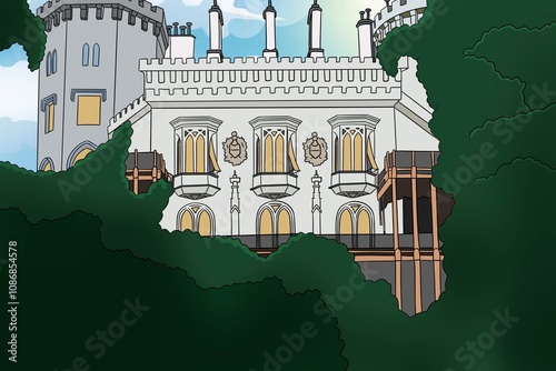 Beautiful european castle or cathedral building illustration image hidden covered by tree and bushes in a sunny day, cartoon drawing, openend windows, exterior architecture facade design photo