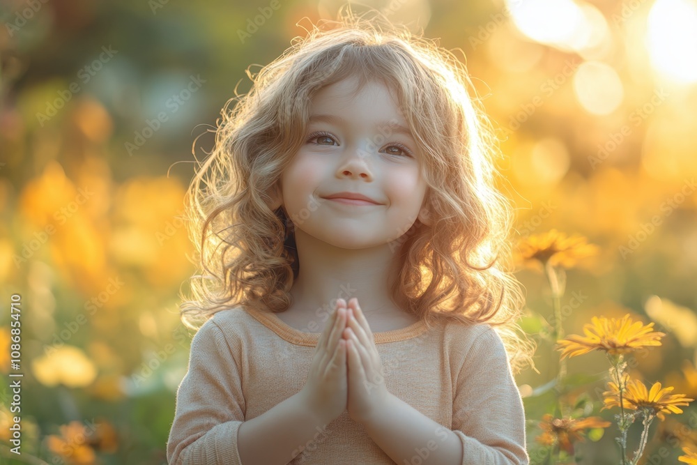 A cheerful child with curly hair smiles and prays amidst a field of colorful flowers during sunset A cheerful child with curly hair smiles and prays amidst a field of colorful flowers during sunset