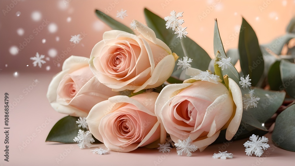 Soft pastel roses and tulips with snowflakes on peach gradient background Soft pastel roses and tulips with snowflakes on peach gradient background