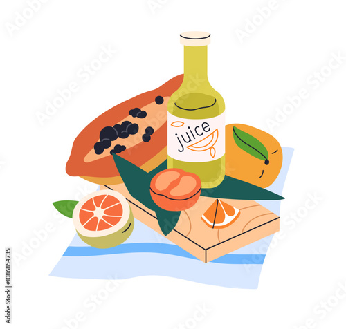 Juice in bottle, tropical fruits. Refreshing healthy beverage and natural vit...