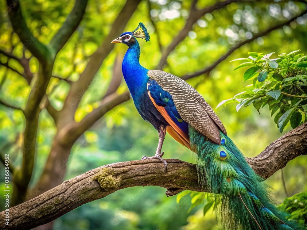 Obraz premium Majestic Peacock Perched on a Branch Amidst Lush Greenery in a Serene Landscape, Capturing the Beauty of Nature's Vibrant Colors and Wildlife Harmony